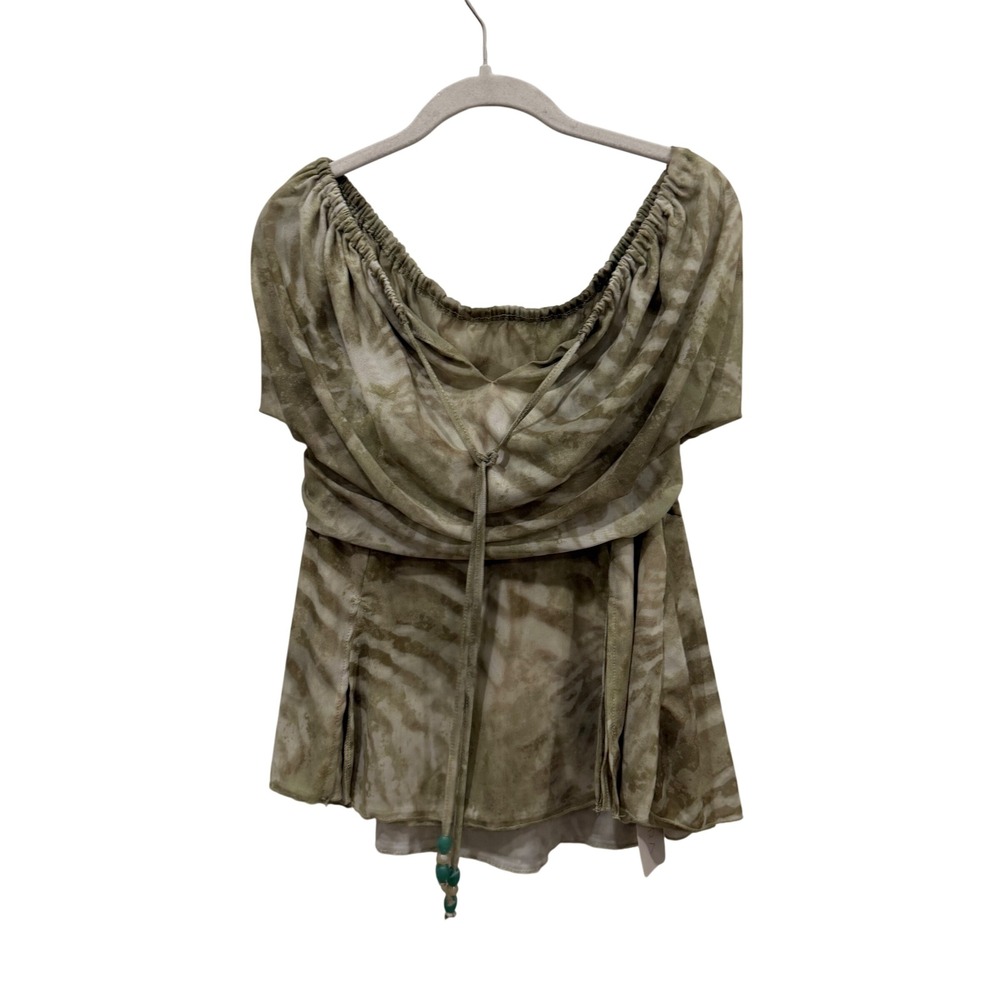 Musera Green Tie Dye Mesh Off Shoulder Top Beaded Tassel Size Medium NEW